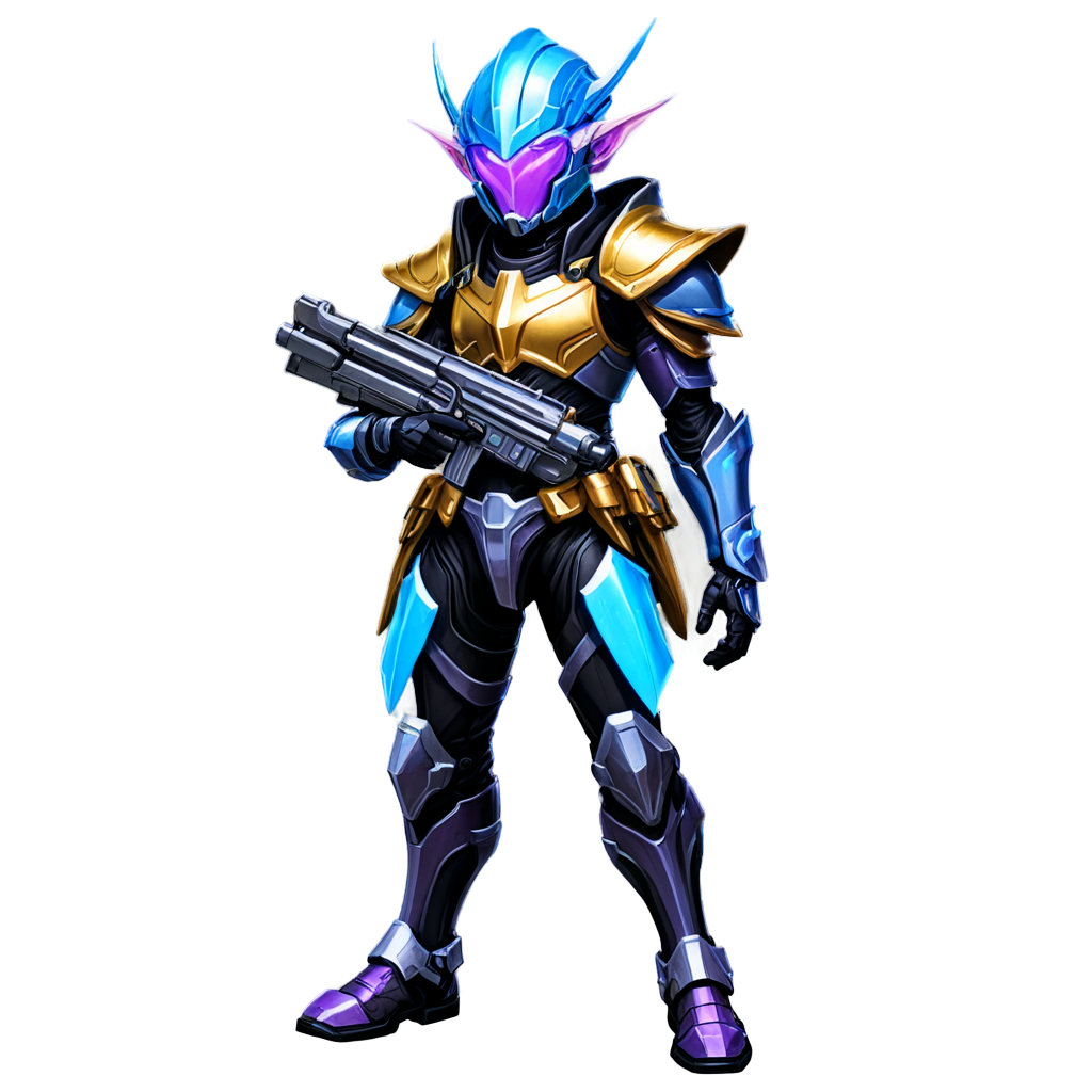 Full body of a high elf sci fi soldier wearing heavy sci fi elven armor, cybernetic black and purple and light blue armor and helmet, boots, male, holding a light machine gun with both hands, - icon | sticker