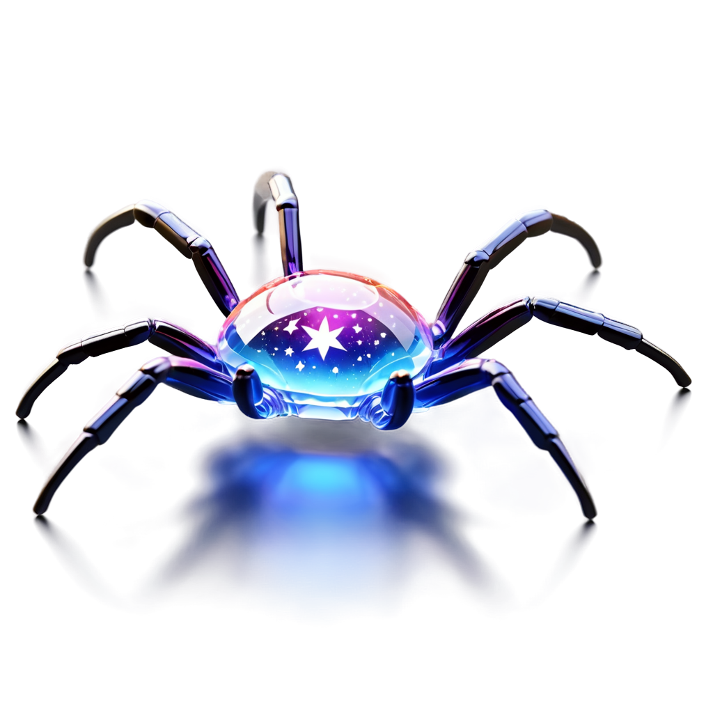 A transparent neon glass crystal spider, hairless, 8legs, glowing internally with a multicolored florescent galaxy of stars, swirls of light shine within, large bulbous abdomen, abdomen focus, on a mossy log, zavy-flrscnc, from the side, photorealism, - icon | sticker