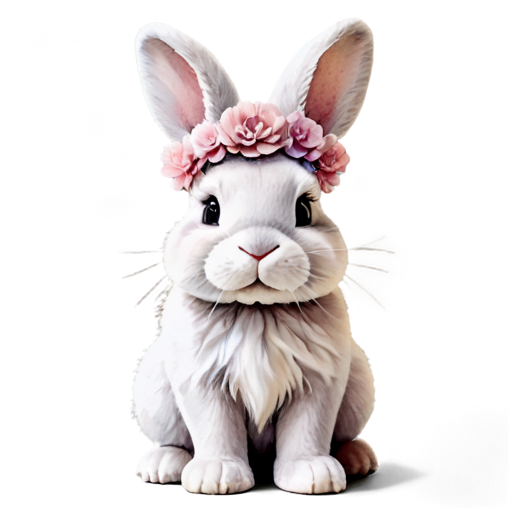 A plush cute watercolor bunny with soft, gray and white fur stands upright against a light background with subtle floral patterns. The bunny has big, shiny black eyes, rosy cheeks, and wears a colorful flower crown made of pink, purple, and green blossoms. - icon | sticker
