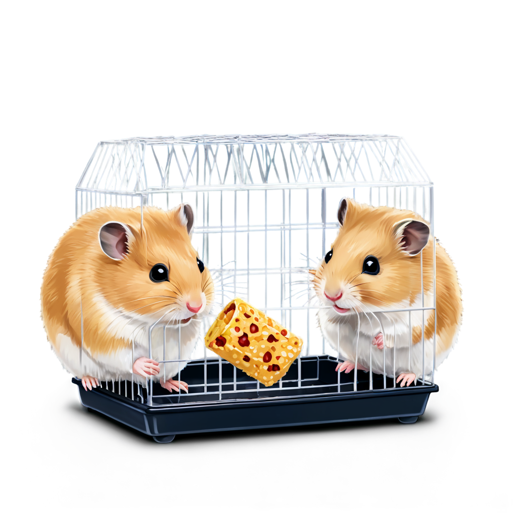 Two cuddly hamsters playing together in a small cage with tiny pieces of food and a running wheel in the background - icon | sticker
