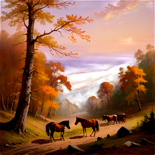 Rural oil painting showing a forest on a mountain in autumn, a herd of beautiful wild horses in the distance, vintage colors, in the style of Jasper Francis Cropsey, Eastman Johnson, muted earth tones, misty atmosphere, Cornelis Springer, canvas without prime, strokes Heavy and obvious brushwork, artistic masterpiece. - icon | sticker