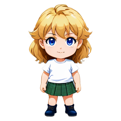 logo for a promts generator in sircle Anime, girl,, looks like a dwarf, tiny, slim, young, pretty. curly blond hair, not a standard angle, white t-shirt oversize, face - icon | sticker