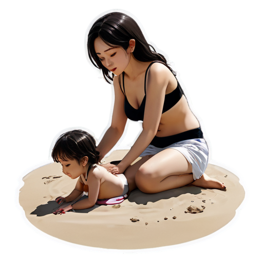 lying on the sand with her back up, heat, white sand, feeding her baby with her salt, in anime style, 2d anime character, white European appearance, young, day, girl, beautiful, dark-haired, curved, slender, pretty, young, without shoes, on the see, - icon | sticker