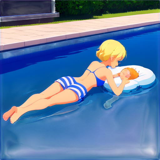 anime style, day, girl, beautiful, short stature, slender, pretty, young, without shoes, on the river, lying on the pool with her back up, heat, white sand, feeding her baby with her salt, 2d anime character, white European appearance, back end. oung anime young girl character with blond curly. She has large, expressive green eyes. teen, tiny - icon | sticker