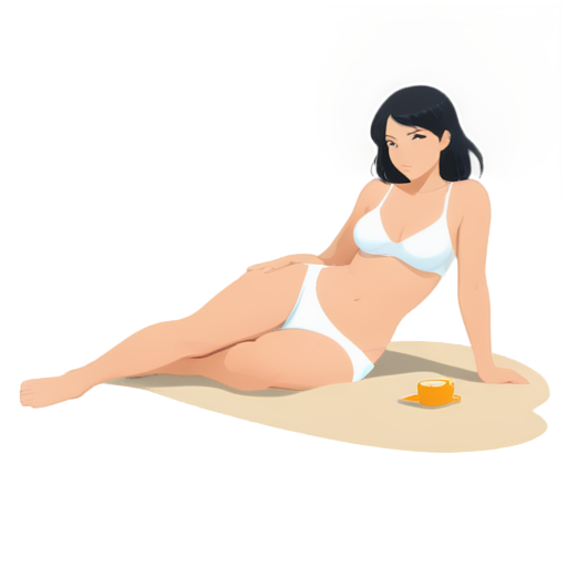 in anime style, 2d anime character, white European appearance, young, day, girl, beautiful, dark-haired, curved, slender, pretty, young, without shoes, on the see, lying on the sand with her back up, heat, white sand, feeding her baby with her salt - icon | sticker