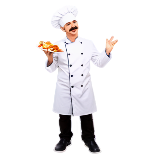 a chef whose only upper body is visible and his legs are not visible and he has a mustache, holds a delicious dish in his hands, the chef shows an OK gesture with his hands and he is dressed completely in white - icon | sticker