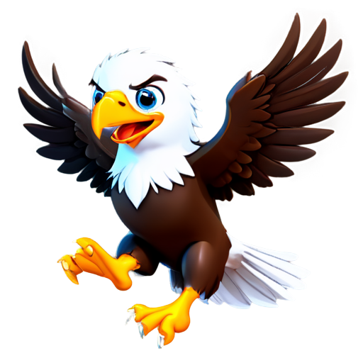 Cute Eagle soaring mascot. Adorable 3D cartoon eagle with open wings, facing forward, expressing joy and excitement. Ideal for children education - icon | sticker