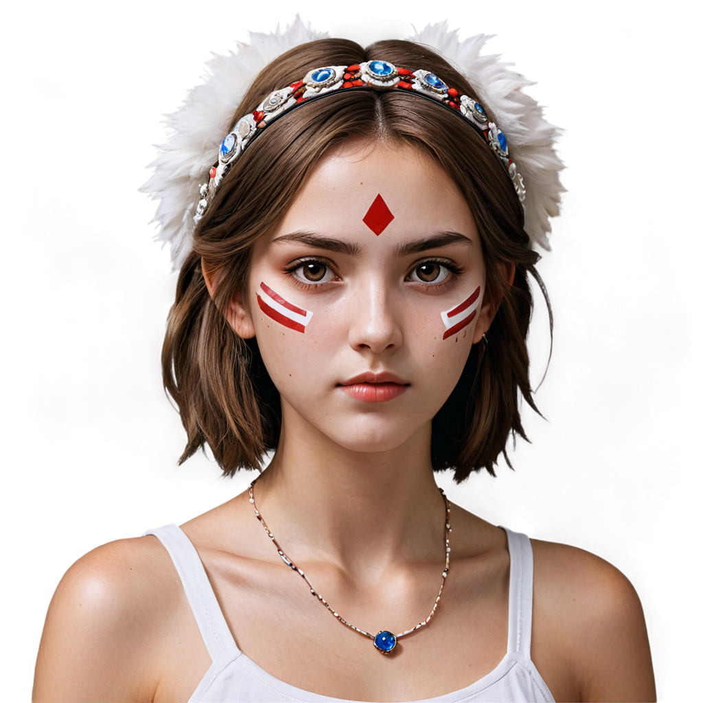 1girl, San(/Princess Mononoke)/,(ultra HD quality details), pale skin, brown hair, facepaint, brown eyes, short hair, headband, crystal necklace, - icon | sticker