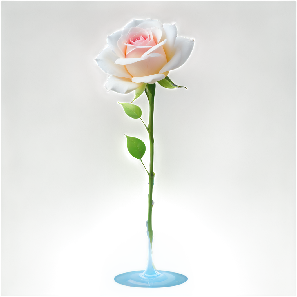 A white rose is placed on top of the water, with a light blue and pink gradient background. Crystal clear rocks float in the sparkling water, with sunlight shining through with half side lighting effects. The style is minimalist with minimalism and C4D rendering. Water droplets fall on the rose in the style of product photography, - icon | sticker