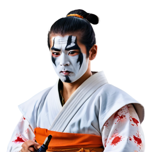 a samurai with a sword behind his back, in traditional Japanese clothes, uses cocaine, inhales white powder through his nose, stylish, expensive, black, white and orange colors - icon | sticker