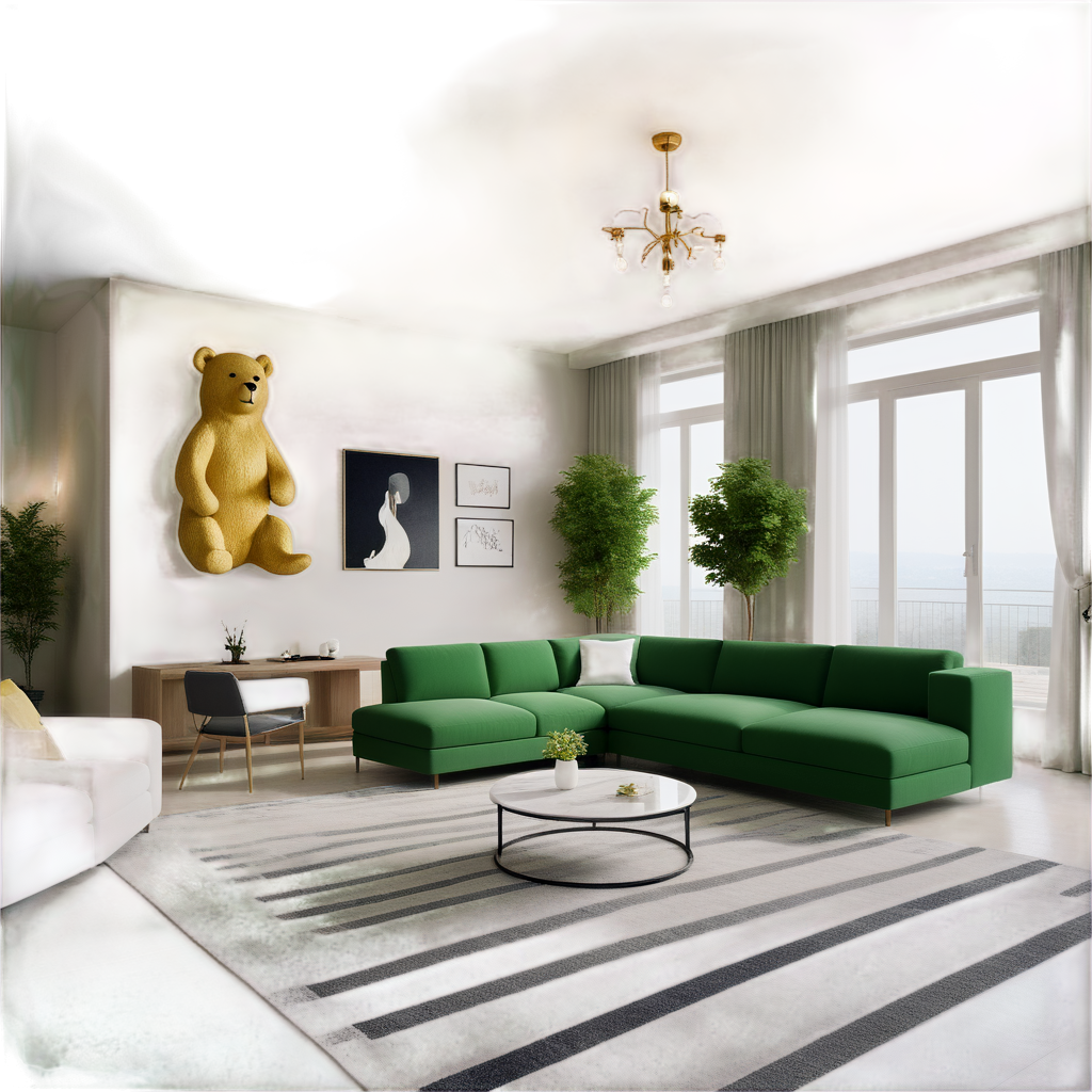 living room design, (modern cream style), green sofa, striped carpet, marble coffee table, plant decoration decorations, violent bear sculpture decorations, simple chandelier, block glass partition, wind view, interior, white ceiling, sunshine, CG rendering, Shigeo Fukuda works, - icon | sticker