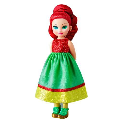 full-length, LOL doll, bright makeup, with red-yellow-green hair, hair braided into three dulkas, big round earrings, shiny shoes on her feet, slight smile, wearing red-yellow-green long dress, shimmering effect, glitter, white background, cartoon, - icon | sticker