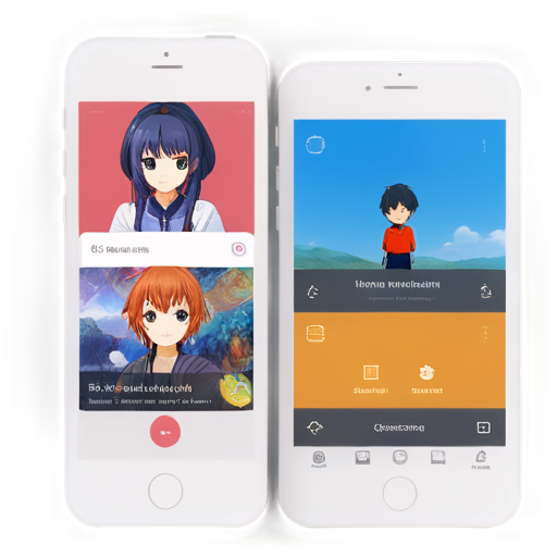 Create a comprehensive mobile user interface design for an 'Anime Art Gallery' app, showcasing 5 distinct screens that highlight key features and user interactions. The design should embody a modern, sleek aesthetic that appeals to anime enthusiasts while maintaining a user-friendly layout. Please include the following screens: Home Screen: Design a visually striking home page featuring a grid layout of small, uniform cards displaying anime artwork thumbnails. - icon | sticker