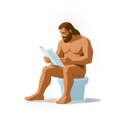 Neanderthal man sits on the toilet and reads a newspaper - icon | sticker