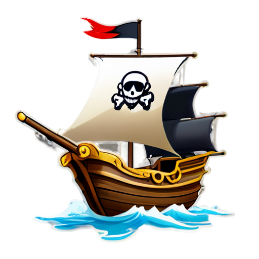 The waves of the storm raise a pirate ship with a pirate flag on it. The boat is made of wood, it has 4 cannons on both sides, the stern and the pirate captain with one leg and a parrot on his shoulder are visible. - icon | sticker