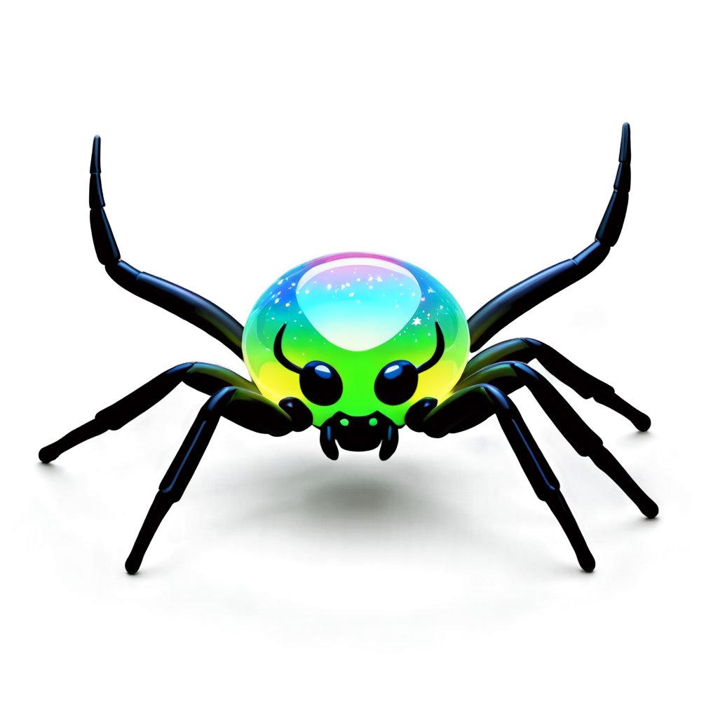 A transparent neon glass crystal spider, hairless, 8legs, glowing internally with a multicolored florescent galaxy of stars, swirls of light shine within, large bulbous abdomen, abdomen focus, on a mossy log, zavy-flrscnc, from the side, photorealism, - icon | sticker