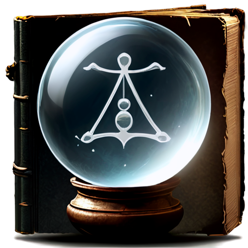 Illustration of an ancient spellbook, with a worn leather cover and arcane symbols, encased within a clear glass orb. The book appears old and powerful, with glowing runes on the cover. The glass orb is transparent, allowing the details of the spellbook to be clearly visible, with a faint magical aura surrounding it. The background is neutral, highlighting the mystical nature of the spellbook and the smooth surface of the glass orb. High-definition, fantasy-style art. - icon | sticker