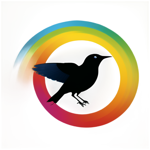 A small black bird with a big rainbow tail flies through the ring. background transparent - icon | sticker