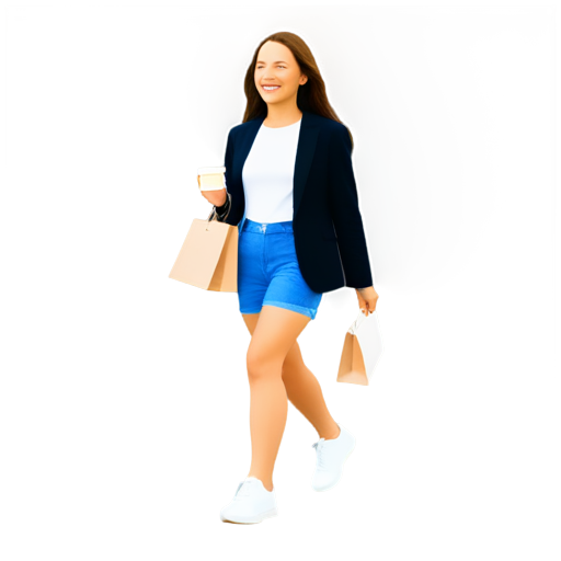 Joyful girl walking down the street after shopping with purchases and coffee in hand - icon | sticker