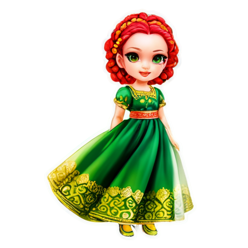 full-length, LOL doll, bright makeup, with red-yellow-green hair, hair braided into three dulkas, big round earrings, shiny shoes on her feet, slight smile, wearing red-yellow-green long dress, shimmering effect, glitter, white background, cartoon, - icon | sticker