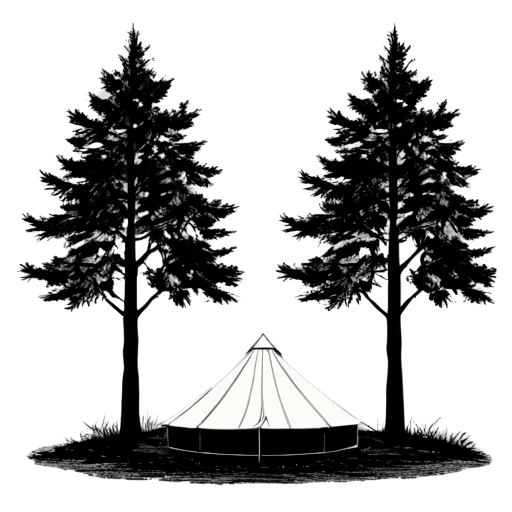 Image in the style of geometry, linear drawing. Color, black and white. Image of a tree, a tent, a forest. - icon | sticker