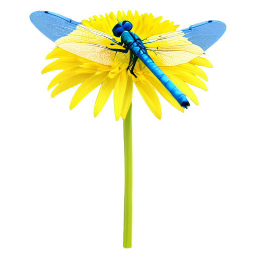 3D icon of a small blue dragonfly with transparent blue wings on a large fluffy yellow dandelion flower in detail - icon | sticker