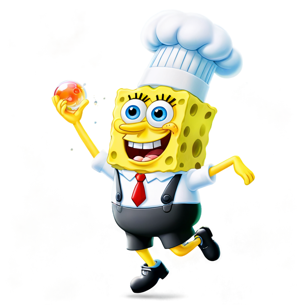 A SpongeBob SquarePants full body, with white chef hat, 3d icon,fine lustre, colorful, floating bubbles - icon | sticker