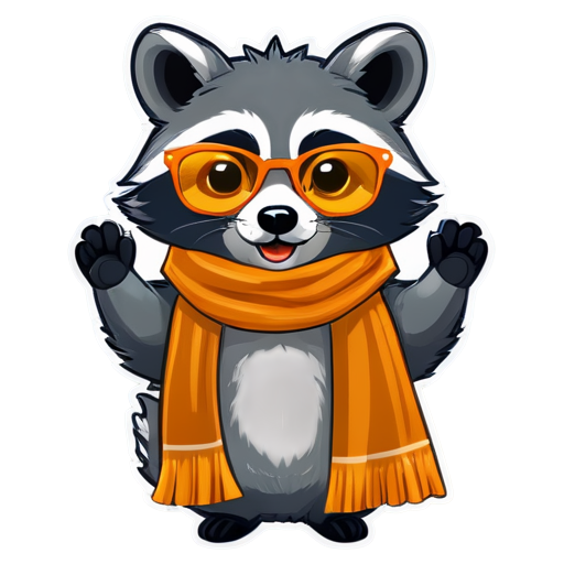 A sticker of a funny and cute raccoon wearing orange glasses and a large scarf with two colors, the top blue and yellow is waving a paw and says "hello". vector detailed illustration - icon | sticker