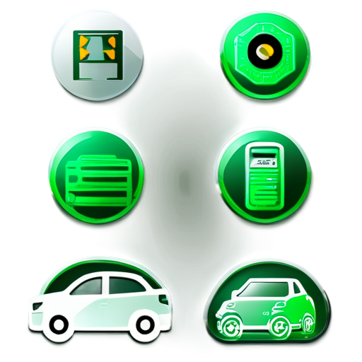 Create a set of icons for a diagram illustrating an automated fuel management system. The icons should include: a group of users at computers, server racks, a fuel station with equipment, a car with an RFID identification system, and tanks with liquid and sensors. The icon style should be minimalist, using green and white colors - icon | sticker