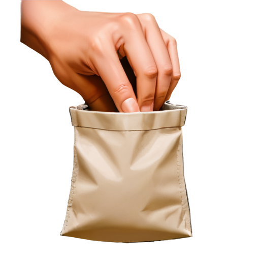 Illustration of a hand partially inside a small pouch, fingers reaching into the opening, with the bag slightly crumpled around the hand, simple and clear depiction with no background details, game-style art. - icon | sticker