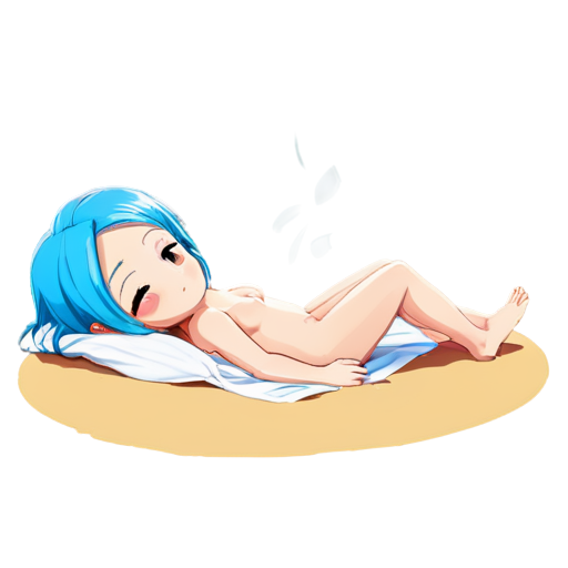 in anime style, day, girl, beautiful, blue-haired, slender, pretty, young, without shoes, on the bedroom, lying on the bad sand with her back up, heat, white blanket, feeding her baby with her salt, 2d anime character, white European appearance, young - icon | sticker