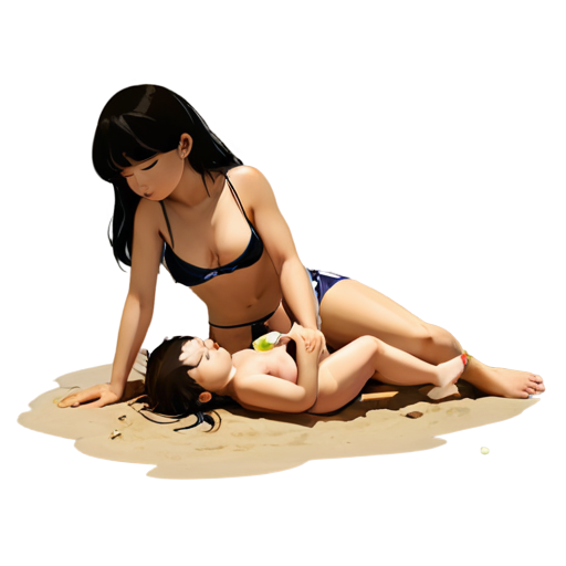 lying on the sand with her back up, heat, white sand, feeding her baby with her salt, in anime style, 2d anime character, white European appearance, young, day, girl, beautiful, dark-haired, curved, slender, pretty, young, without shoes, on the see, - icon | sticker