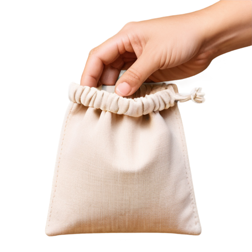 Realistic close-up illustration of a hand reaching into a small cloth pouch or bag, fingers slightly spread as they go into the opening, detailed texture of the hand and fabric, neutral background, high-definition, dynamic lighting. - icon | sticker