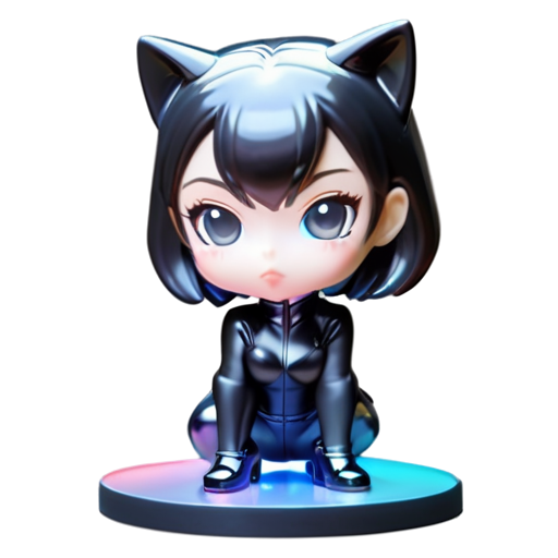 Sexy female figure in a skimpy catwoman costume, crouching on a base with one hand on the ground, wearing a tight leather bodysuit with a plunging neckline, and high-heel ankle boots - icon | sticker