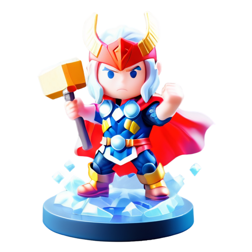 Epic full-body illustration of Thor, standing heroically with Mjolnir raised, lightning crackling around, in an Asgardian background, detailed armor, flowing red cape, intense expression, dynamic lighting, realistic style, high-definition. - icon | sticker