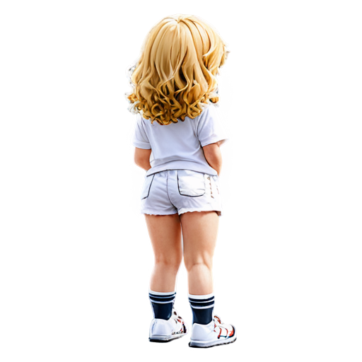 in a quieter bedroom, takes off white shorts to the knees, Anime, girl, looks like a dwarf, tiny, slim, young, pretty. back turned, curly blond hair, not a standard angle, white t-shirt oversize, the all body reliefs is visible through the white shorts - icon | sticker