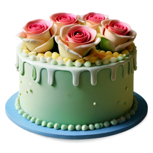 Create an icon in the Pixar style depicting a two-tiered celebration cake with white cream and decorated with cream roses. The roses should be soft pink, light yellow, and white, with small green leaves. The cake should look bright and appealing, with soft shadows and highlights to create a three-dimensional effect. The background of the icon should be light and solid, with a slight gradient or glowing particles for a magical atmosphere - icon | sticker