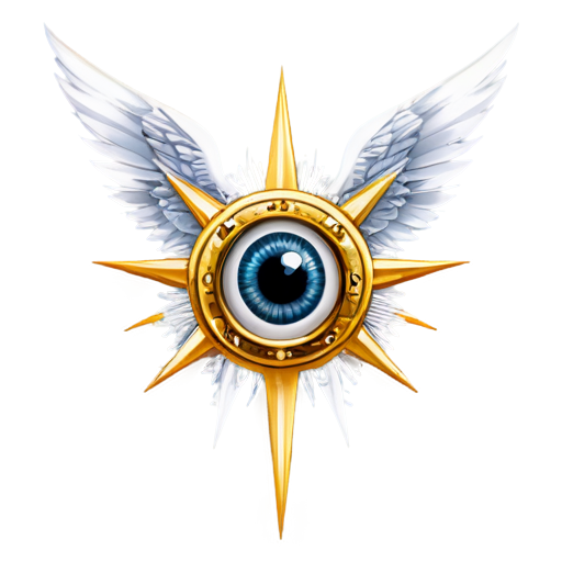 An angelic symbol of an eye shape with a satanic star behind it gold and white colors, wings - icon | sticker