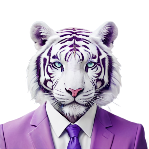 A white tiger face in a white and purple suit, synthwave aesthetic, flat - icon | sticker