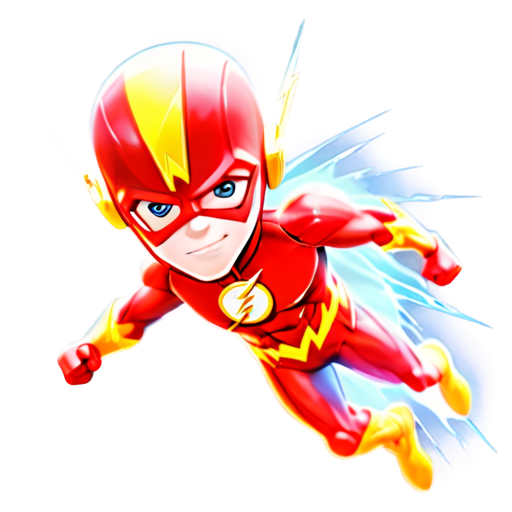 Epic full-body illustration of The Flash, running at super-speed, lightning trails around, cityscape background, dynamic pose, detailed costume, intense expression, high-definition, realistic style. - icon | sticker