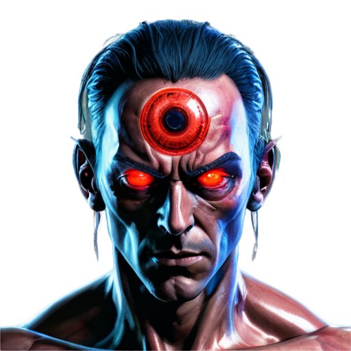 System shock game style. Cybernetic male. Red eyeballs in the shape of a heat - icon | sticker