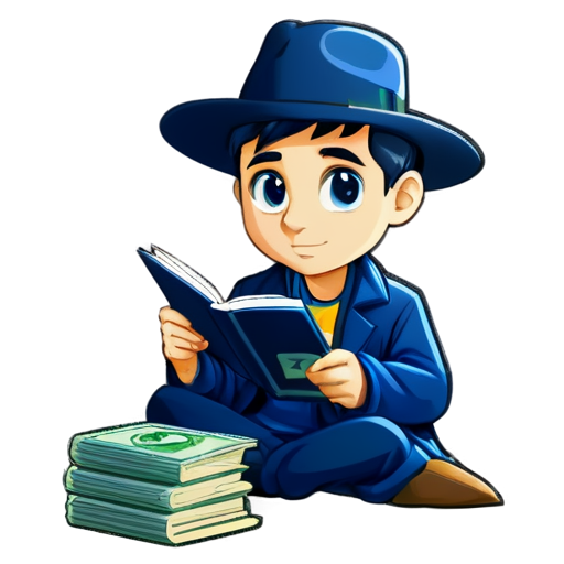 prompt: Smart cartoon dark-blue trader with money reading a book. Minimalism - icon | sticker