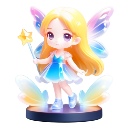 a fairy with wings with long blond hair, in a short dress, on her feet shoes with curved socks and a magic wand in her hand - icon | sticker