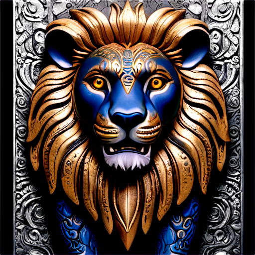 Mayan Art depicting a lion, facing the camera, blue and gold, ornate, intricate, award winning photography, black background — v 5 - icon | sticker