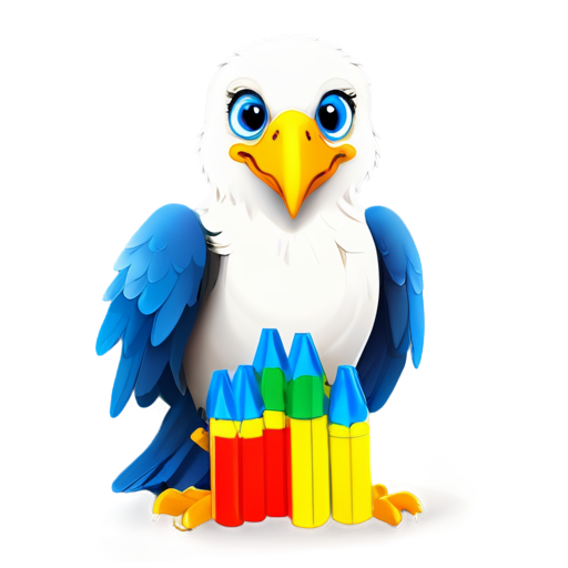 Cute Cartoon Eagle holding red, blue, and yellow crayons with label crayola, Ideal for children content, animations, and educational materials - icon | sticker