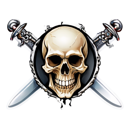 The logo should contain a drawing of a human skull, crossed swords, a symbol of victory, a symbol of life. there are zombies in chains around the skull - icon | sticker