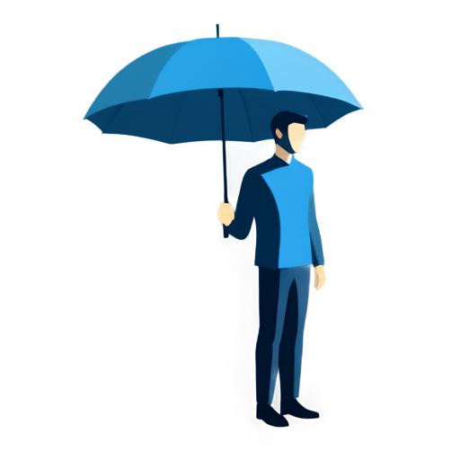 male insurer with umbrella in the rain flat style blue tones - icon | sticker