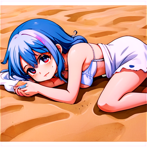 in anime style, day, girl, beautiful, blue-haired, slender, pretty, young, without shoes, on the bedroom, lying on the bad sand with her back up, heat, white blanket, feeding her baby with her salt, 2d anime character, white European appearance, young - icon | sticker