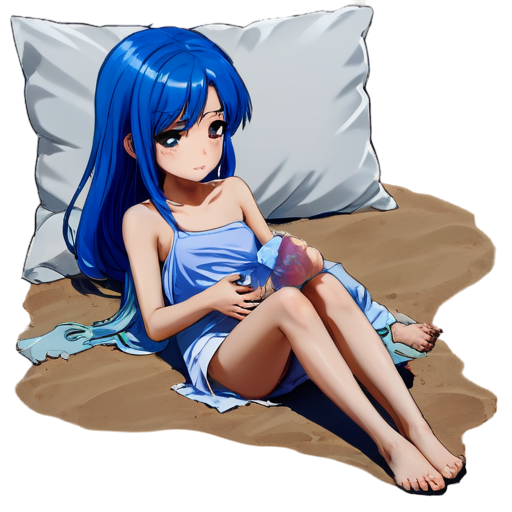 in anime style, day, girl, beautiful, blue-haired, slender, pretty, young, without shoes, on the bedroom, lying on the bad sand with her back up, heat, white blanket, feeding her baby with her salt, 2d anime character, white European appearance, young - icon | sticker