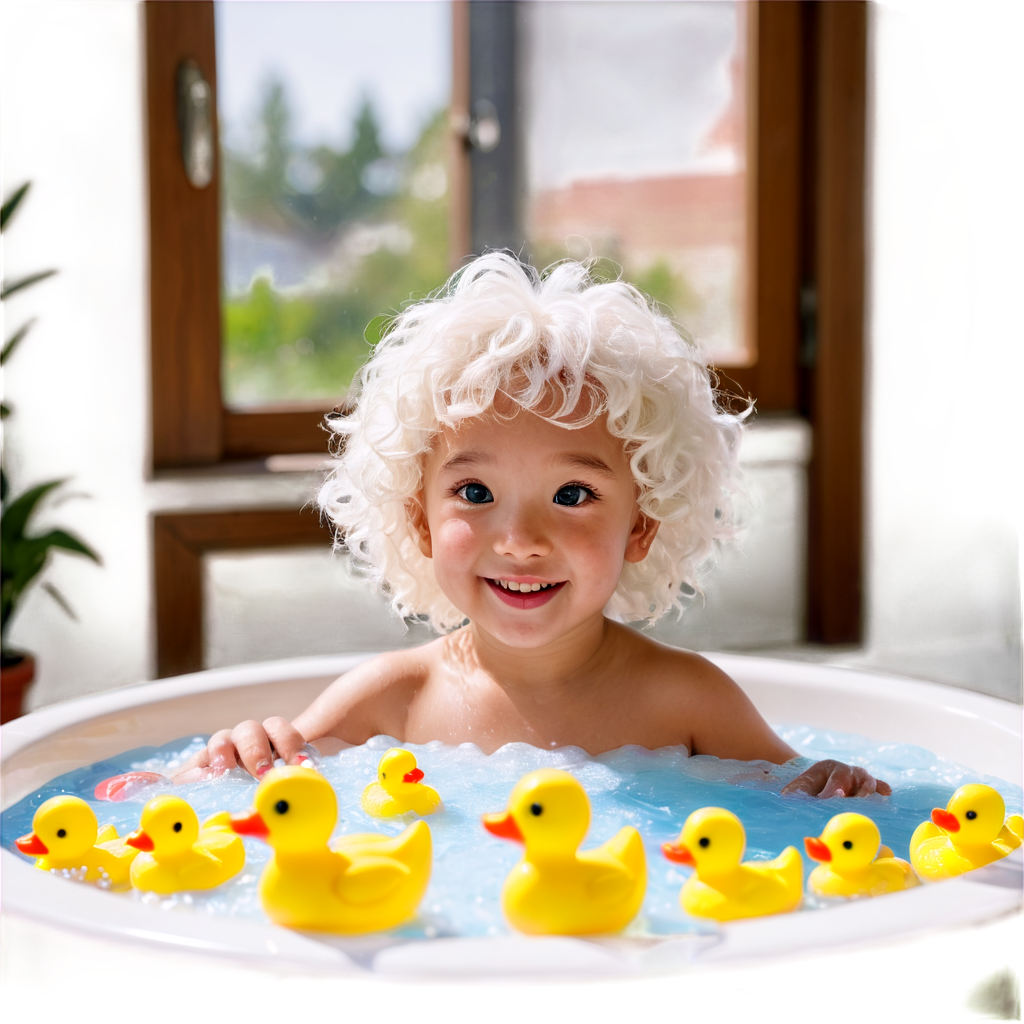 little dragon in a bathtub playing with plastic ducks, cute face, head underwater, blushing, sunshine, multicolored fur, white fur, bubbles, soap, playing with foam, window， cute animal, kawaii - icon | sticker
